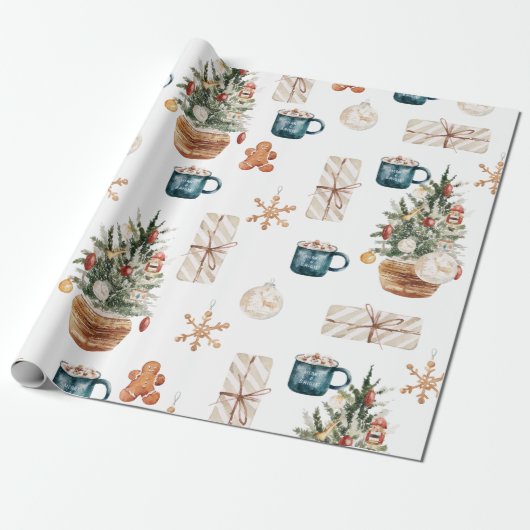 Trendfarbenes Weihnachtsmuster | Wasserfarbe Geschenkpapier (Ungerollt)