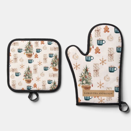 Trendfarbenes Weihnachtsmuster | Wasserfarbe Ofenhandschuh & Topflappen-Set (Vorderseite)