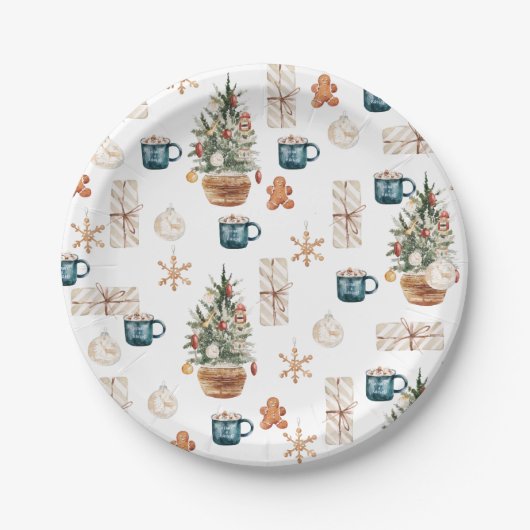 Trendfarbenes Weihnachtsmuster | Wasserfarbe Pappteller (Vorderseite)