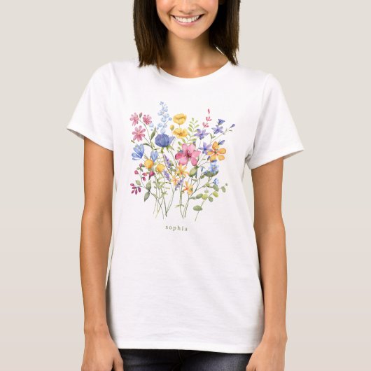 Trendfarbige Wildblumen mit Monogramm T-Shirt (Vorderseite)