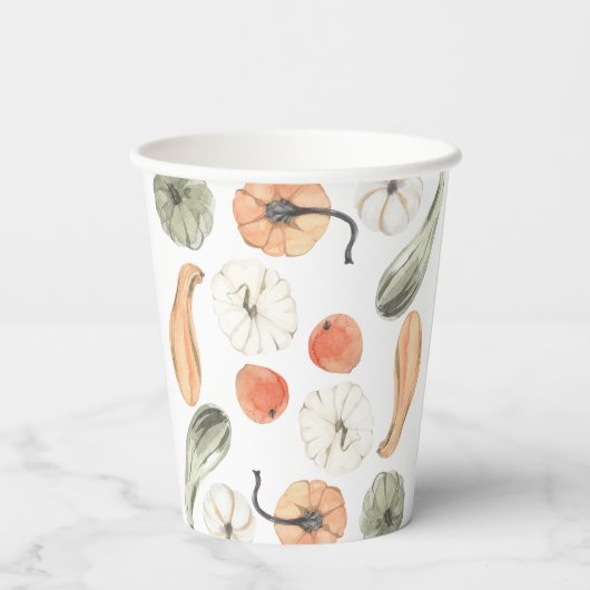 Trendfarbiges Kürbismuster | Herbstwoben Pappbecher (Rückseite)