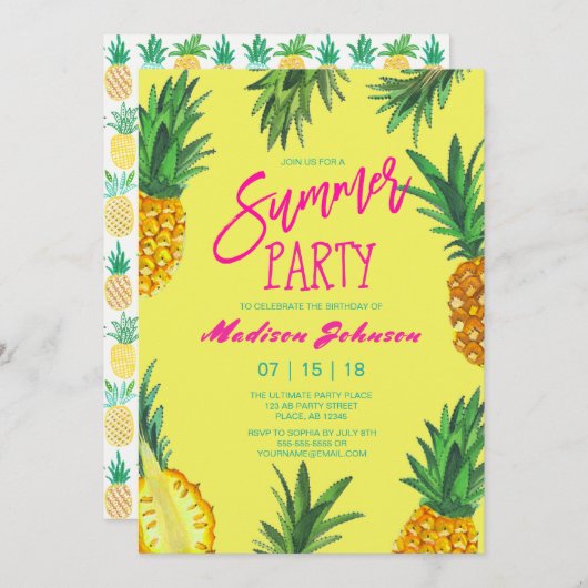 Trendgelbes Summer Party | Ananas Einladung (Vorne/Hinten)