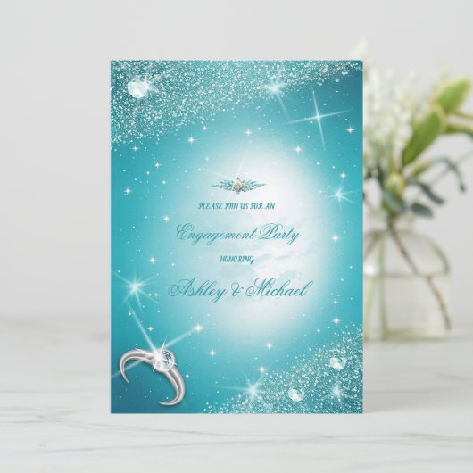 Trendglänzende Sterne blau-türkisfarbener Himmel Einladung (Stehend Vorderseite)