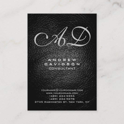 Trendgraue Black Leather Monogram Business Card Visitenkarte (Vorderseite)
