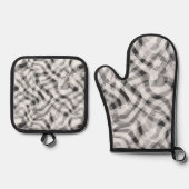 Trendgraue, schwarze Retro-Streifenmuster Ofenhandschuh & Topflappen-Set (Vorderseite)