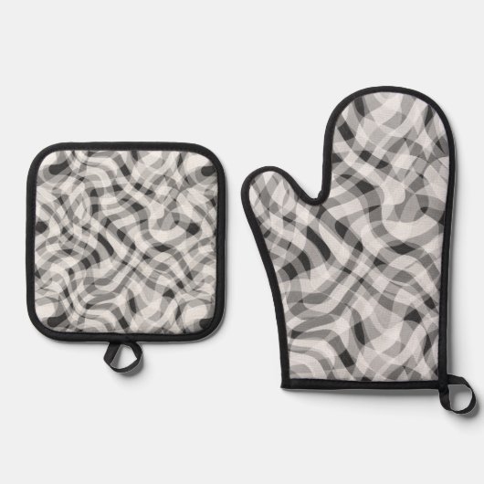 Trendgraue, schwarze Retro-Streifenmuster Ofenhandschuh & Topflappen-Set (Vorderseite)