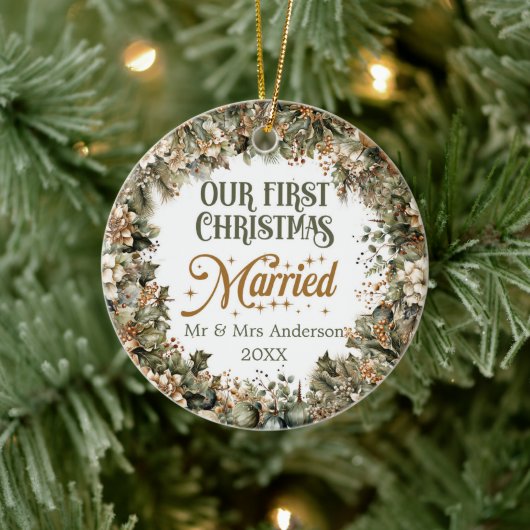 Trendgrün Imitate Gold Unsere ersten Weihnachten Keramik Ornament (Baum)