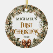 Trendgrün Imitate Goldbaby Erste Weihnacht Keramik Ornament (Vorne)