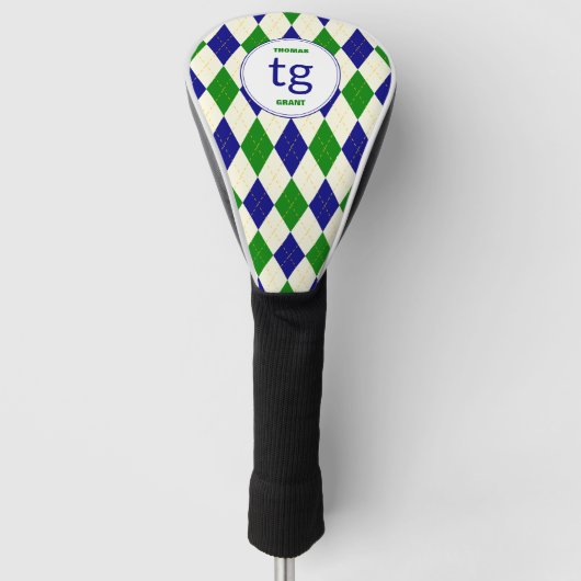 Trendgrüne blaue Raute Muster Modernes Monogramm Golf Headcover (Vorderseite)
