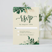 Trendgrüne tropische Blätter Moderne Hochzeit RSVP Karte (Stehend Vorderseite)