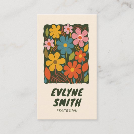 Trendhandgezeichnete farbenfrohe Retro Funky Flora Visitenkarte (Vorderseite)
