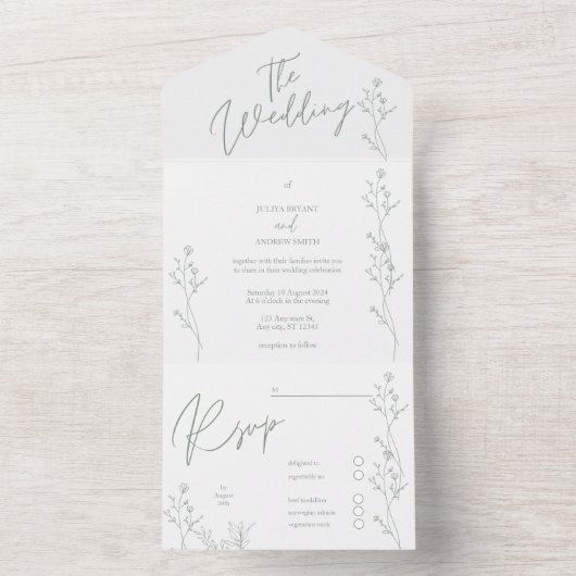 Trendhochzeit in Weiß und Grün All In One Einladung (Innen Boden)