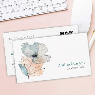 Trendige Aquarell-Blume, Name & QR-Code, Weiß Visitenkarte