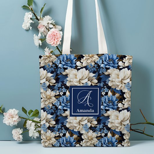 Trendige blaue Elfenbein-Blumen personalisierte Tr Tasche