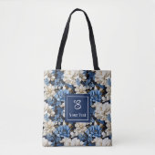 Trendige blaue Elfenbein-Blumen personalisierte Tr Tasche (Vorderseite)