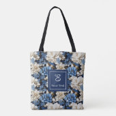 Trendige blaue Elfenbein-Blumen personalisierte Tr Tasche (Rückseite)