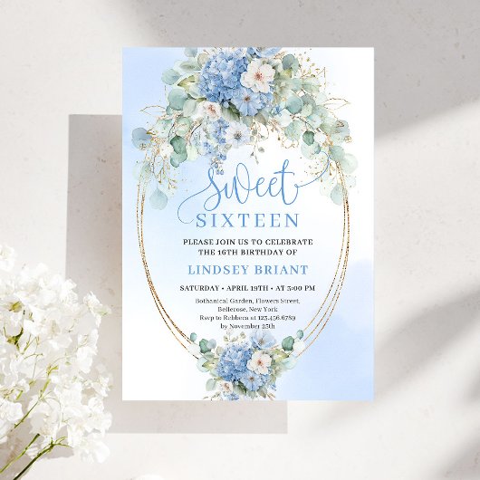 Trendige Blaue Hortensie Goldrahmen 16. Geburtstag Einladung