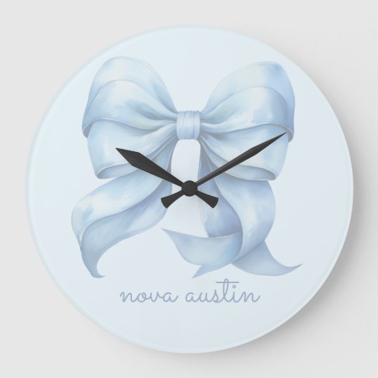 Trendige blaue Schleife personalisiert mit Namensm Große Wanduhr (Vorderseite)
