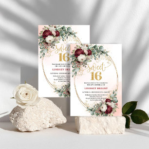 Trendige Boho-Tiefrote Pfingstrosen Sweet Sixteen- Einladung