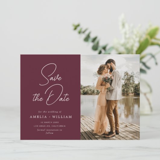 trendige Bordeaux-Hochzeit Speichern Sie das Datum Save The Date (Stehend Vorderseite)