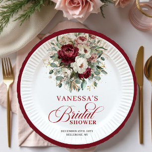 Trendige Burgunder Blumen Hochzeitspapierplatten Pappteller