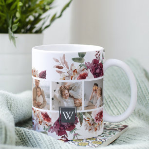 Trendige Collage Familienfoto Bunte Blumen Geschen Kaffeetasse