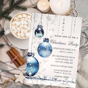 Trendige elegante blaue Weihnachtskugeln Party Einladung