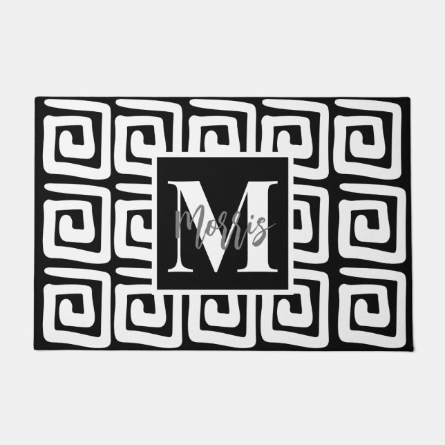 Trendige, elegante, schwarz-weiße Monogramm-Griech Fußmatte (Vorderseite)