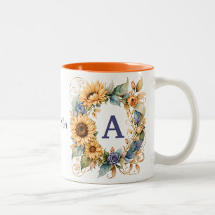 Trendige Elegante Wasserfarbe Sonnenblumen Monogra Zweifarbige Tasse