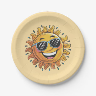 Trendige glückliche gelbe Sonne mit Sonnenbrille   Pappteller
