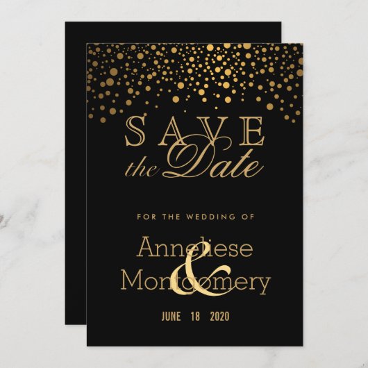 Trendige Goldpunkte auf schwarz - Save the Date (Vorne/Hinten)