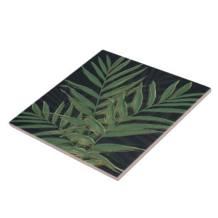 Trendige grüne Palmwedel Goldstriche Graues Design Fliese