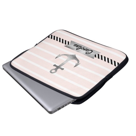 Trendige, hellrosa Streifen Nautical Anchor Custom Laptopschutzhülle (Vorne Knopf)