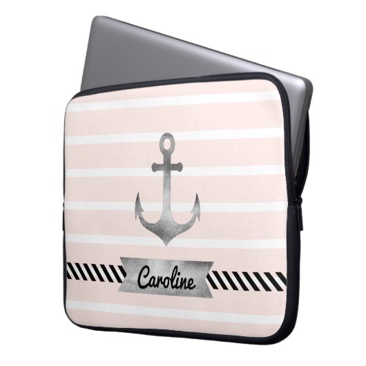 Trendige, hellrosa Streifen Nautical Anchor Custom Laptopschutzhülle (Vorderseite Links)