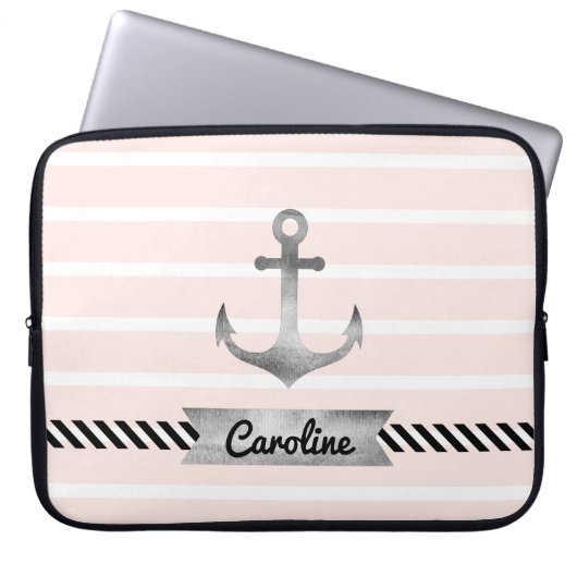 Trendige, hellrosa Streifen Nautical Anchor Custom Laptopschutzhülle (Vorderseite)