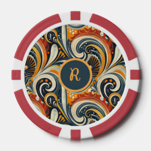 Trendige Hip Retro Orange Tief Teal Wirbel Monogra Pokerchips