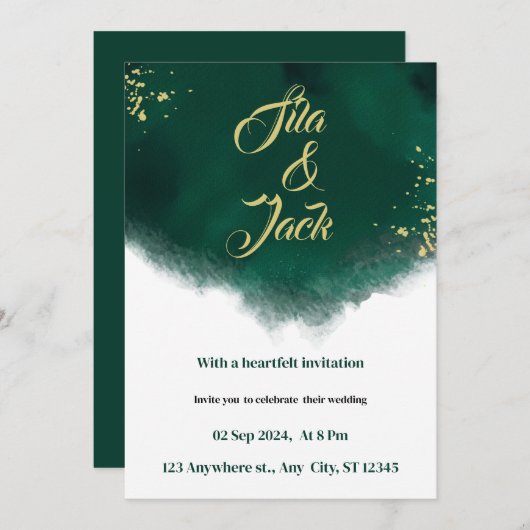 trendige Hochzeit in Grün und Gold Einladung (Vorne/Hinten)