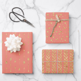 Trendige Korallen- und Goldmuster Geschenkpapier Set