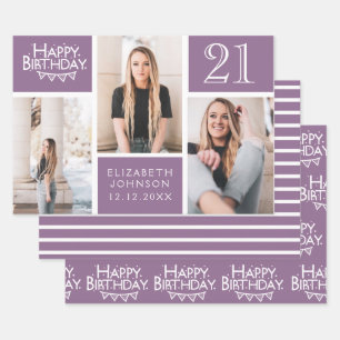 Trendige lila Fotocollage zum 21. Geburtstag  Geschenkpapier Set