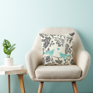Trendige Minzgraue Vintage Moderne Florale Vögel Kissen