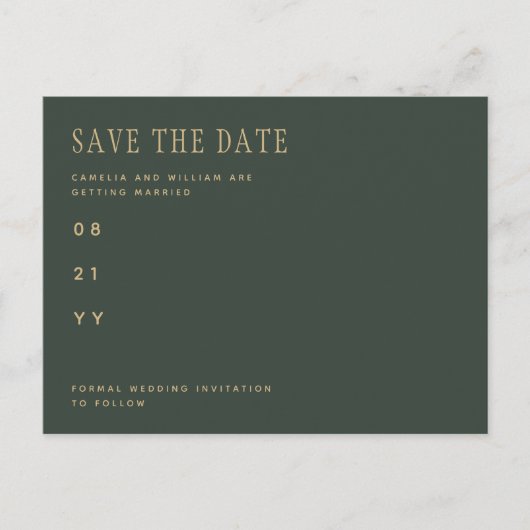Trendige moderne Olive Green Wedding retten das Da Postkarte (Vorderseite)