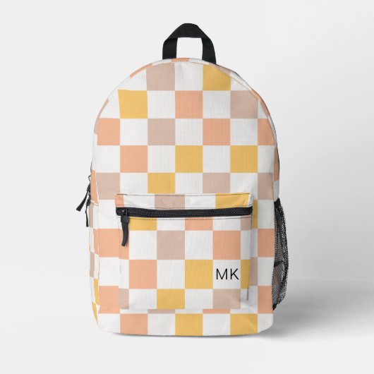 Trendige Peach Checkerboard Monogram Initials Bedruckter Rucksack (Vorderseite)