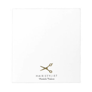 Trendige personalisierte goldene Schere Friseursal Notizblock