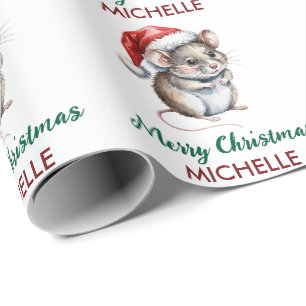 Trendige personalisierte Maus mit Weihnachtsmannhu Geschenkpapier