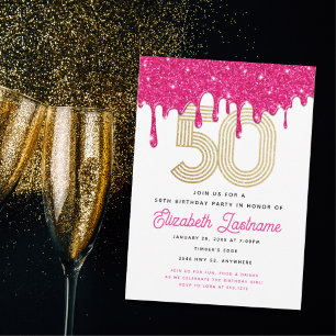Trendige Pink Glitter-Drip-Einladung zum 50. Gebur Einladung