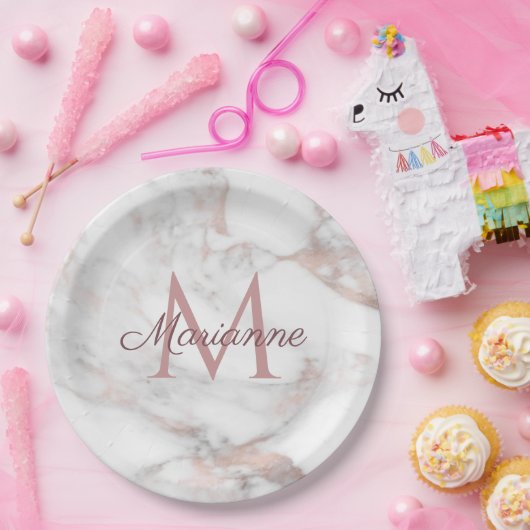 Trendige Rose Gold-Marmordesign-Monogramm-Vorlage Pappteller (Party)