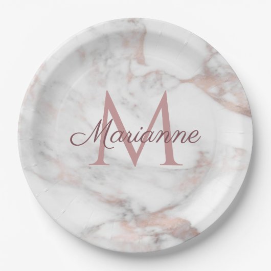 Trendige Rose Gold-Marmordesign-Monogramm-Vorlage Pappteller (Vorderseite)