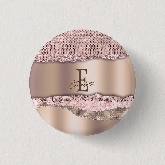 Trendige Roségold-Diamanten Glitter-Monogramm Button (Vorderseite)