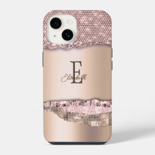 Trendige Roségold-Diamanten Glitter-Monogramm iPhone 14 Hülle