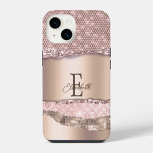 Trendige Roségold-Diamanten Glitter-Monogramm iPhone 14 Hülle